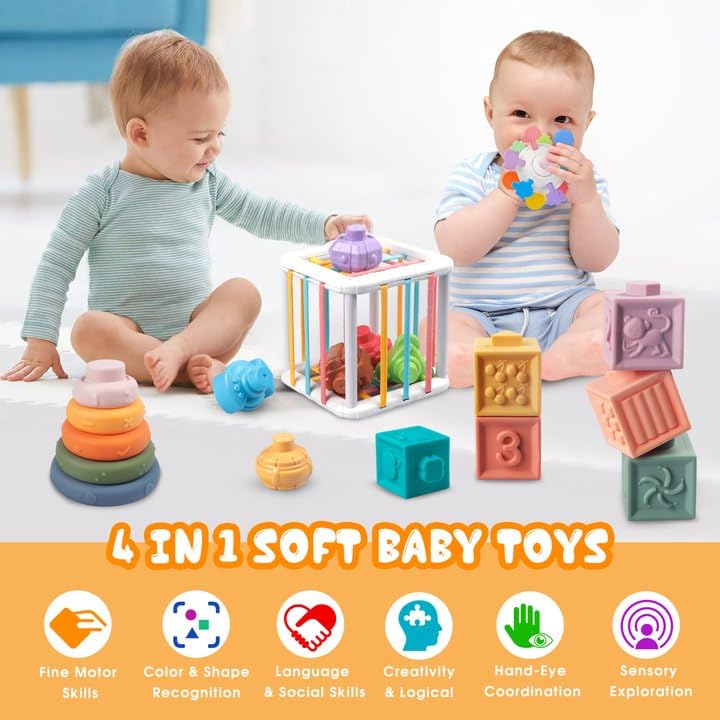 Juguetes 4 en 1 para bebés de 6 a 12 meses, bloques apilables suaves Montessori para bebés, juguetes de dentición, bolas sensoriales y juego de aprendizaje educativo para niños pequeños (niños 