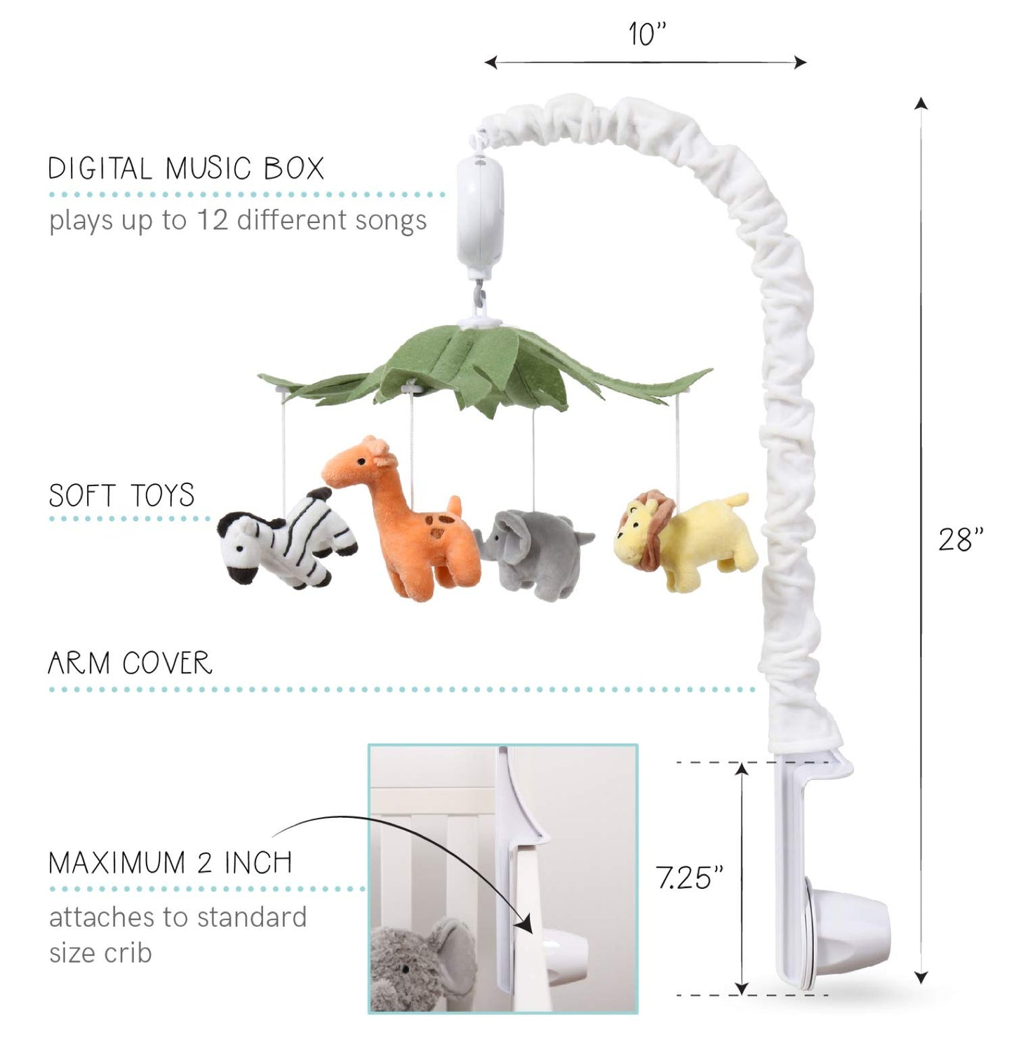 The Peanutshell Móvil de cuna para niños o niñas – Cuna móvil musical blanca con 12 canciones de cuna, animales de la selva, cuna móvil para bebé, decoración de animales de safari