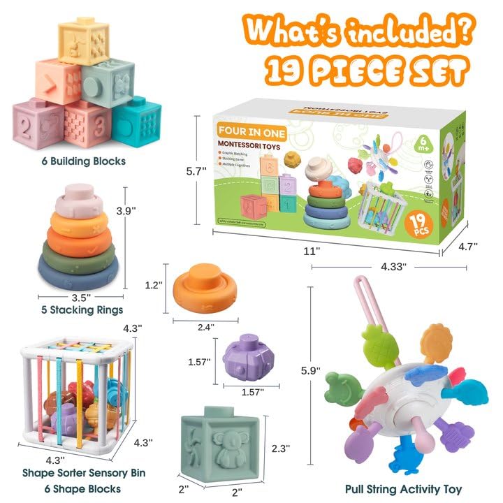 Juguetes 4 en 1 para bebés de 6 a 12 meses, bloques apilables suaves Montessori para bebés, juguetes de dentición, bolas sensoriales y juego de aprendizaje educativo para niños pequeños (niños 