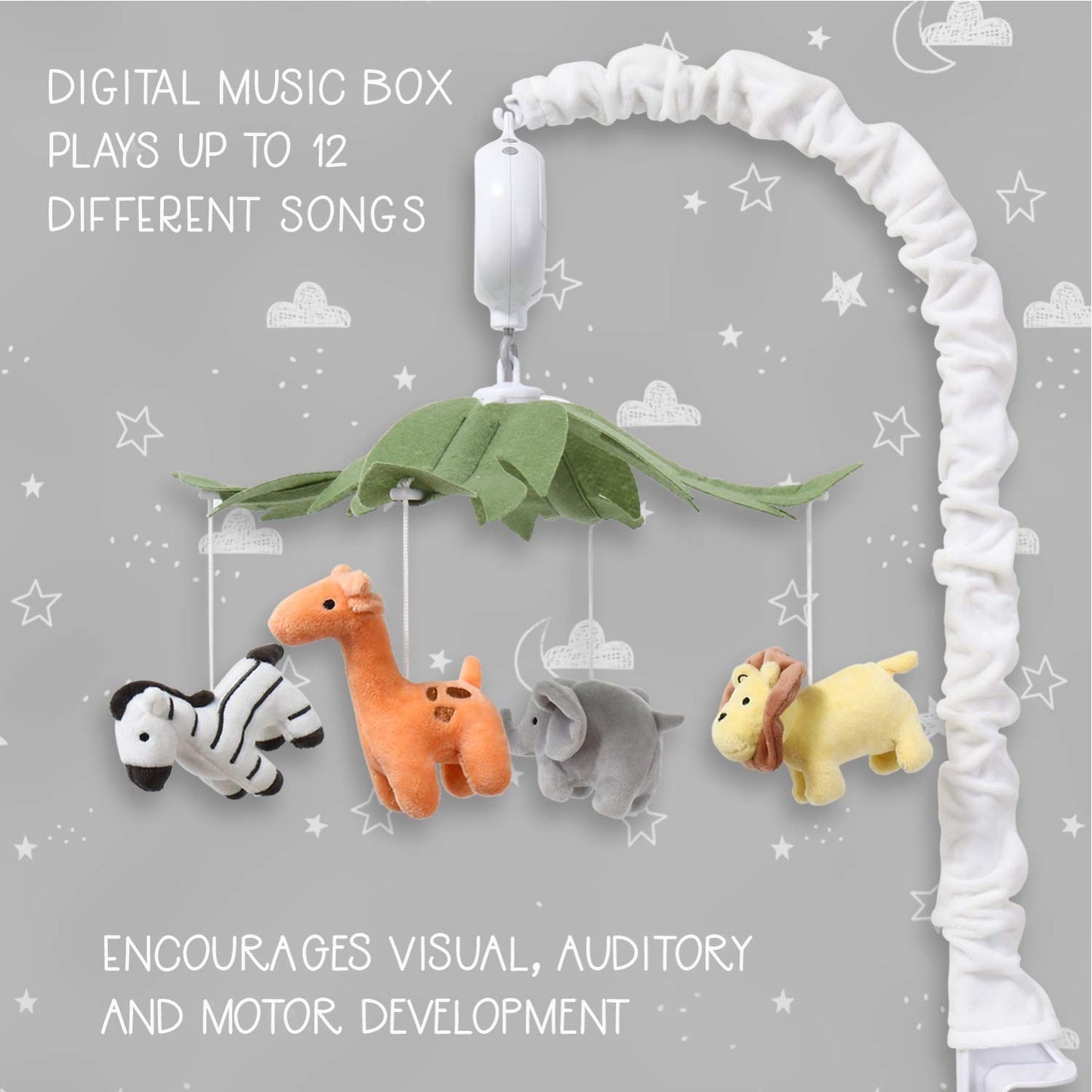 The Peanutshell Móvil de cuna para niños o niñas – Cuna móvil musical blanca con 12 canciones de cuna, animales de la selva, cuna móvil para bebé, decoración de animales de safari