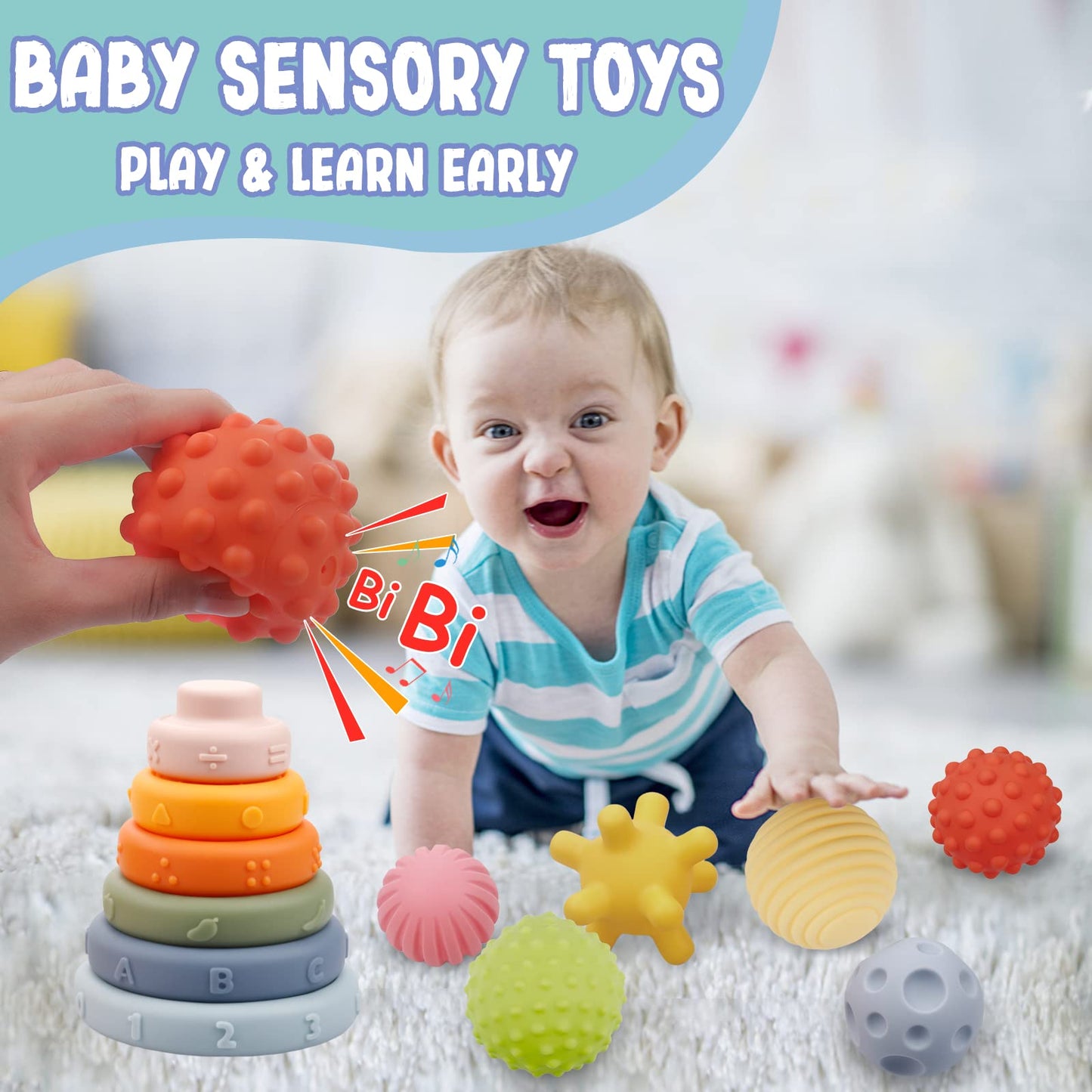 Juguetes 4 en 1 para bebés de 6 a 12 meses, bloques apilables suaves Montessori para bebés, juguetes de dentición, bolas sensoriales y juego de aprendizaje educativo para niños pequeños (niños 
