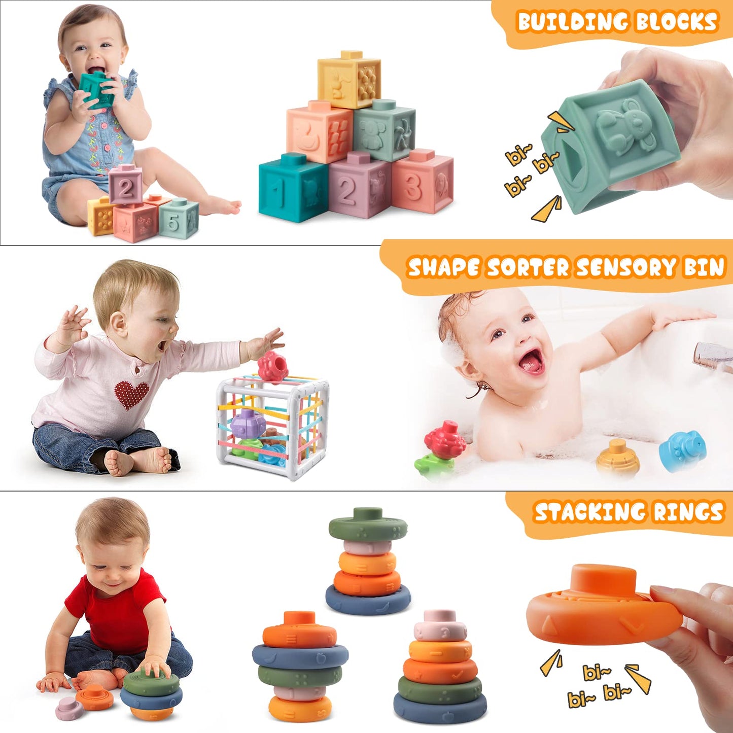 Juguetes 4 en 1 para bebés de 6 a 12 meses, bloques apilables suaves Montessori para bebés, juguetes de dentición, bolas sensoriales y juego de aprendizaje educativo para niños pequeños (niños 