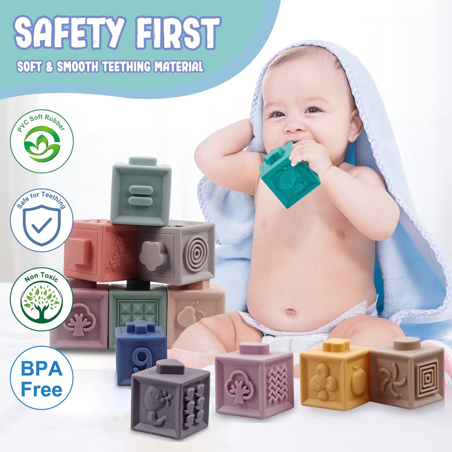 Juguetes 4 en 1 para bebés de 6 a 12 meses, bloques apilables suaves Montessori para bebés, juguetes de dentición, bolas sensoriales y juego de aprendizaje educativo para niños pequeños (niños 