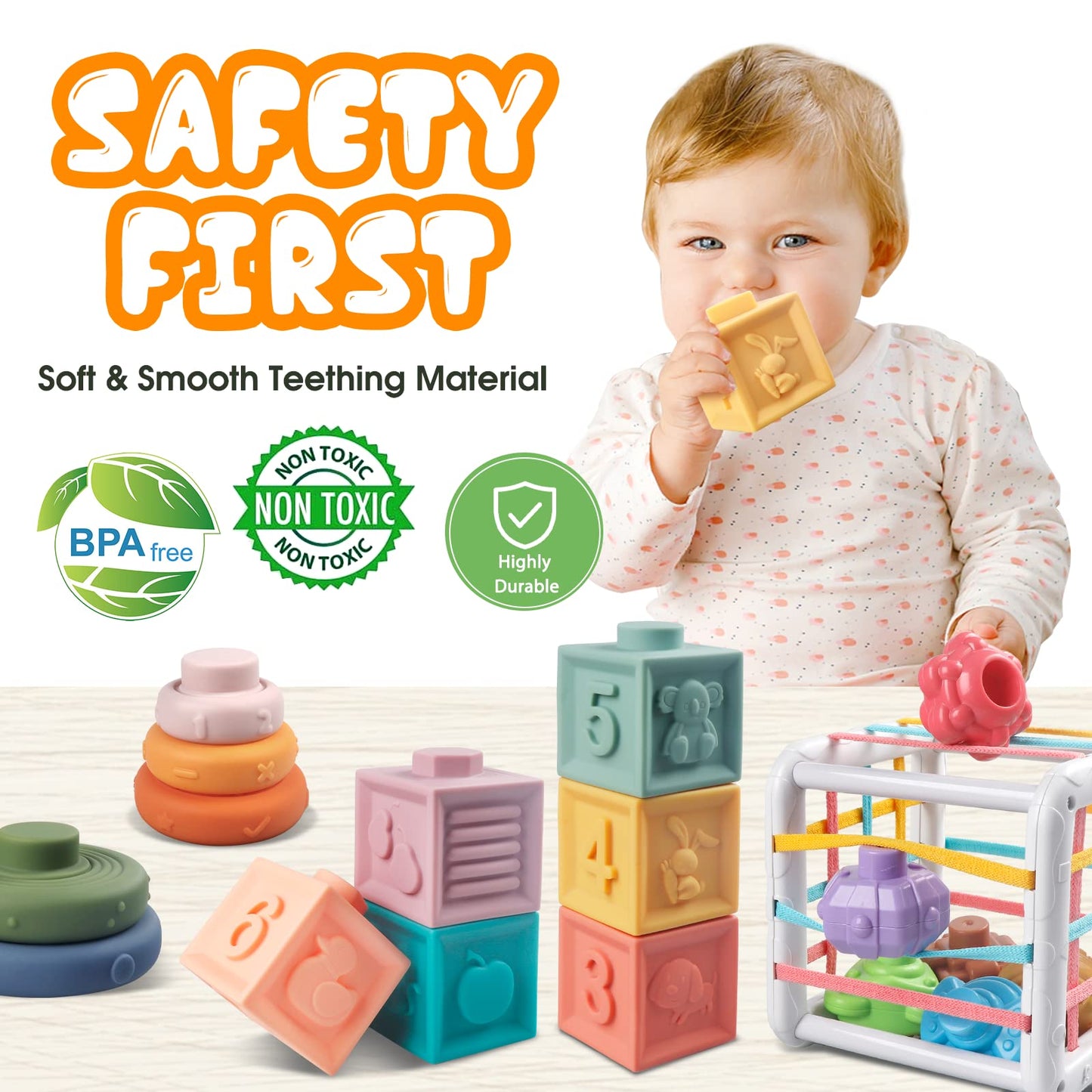 Juguetes 4 en 1 para bebés de 6 a 12 meses, bloques apilables suaves Montessori para bebés, juguetes de dentición, bolas sensoriales y juego de aprendizaje educativo para niños pequeños (niños 