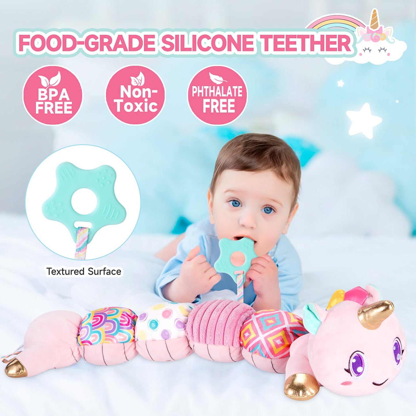 Unicorn Baby Toys 6-12 Months, Musical Infant Toys with Sensory Crinkle & Rattle for Tummy Time Newborn, Baby Boy Toys for 0 1 2 3 4 5 6 7 8 9 10 11 12 Months Old Baby Must Have Christmas Gift - Green