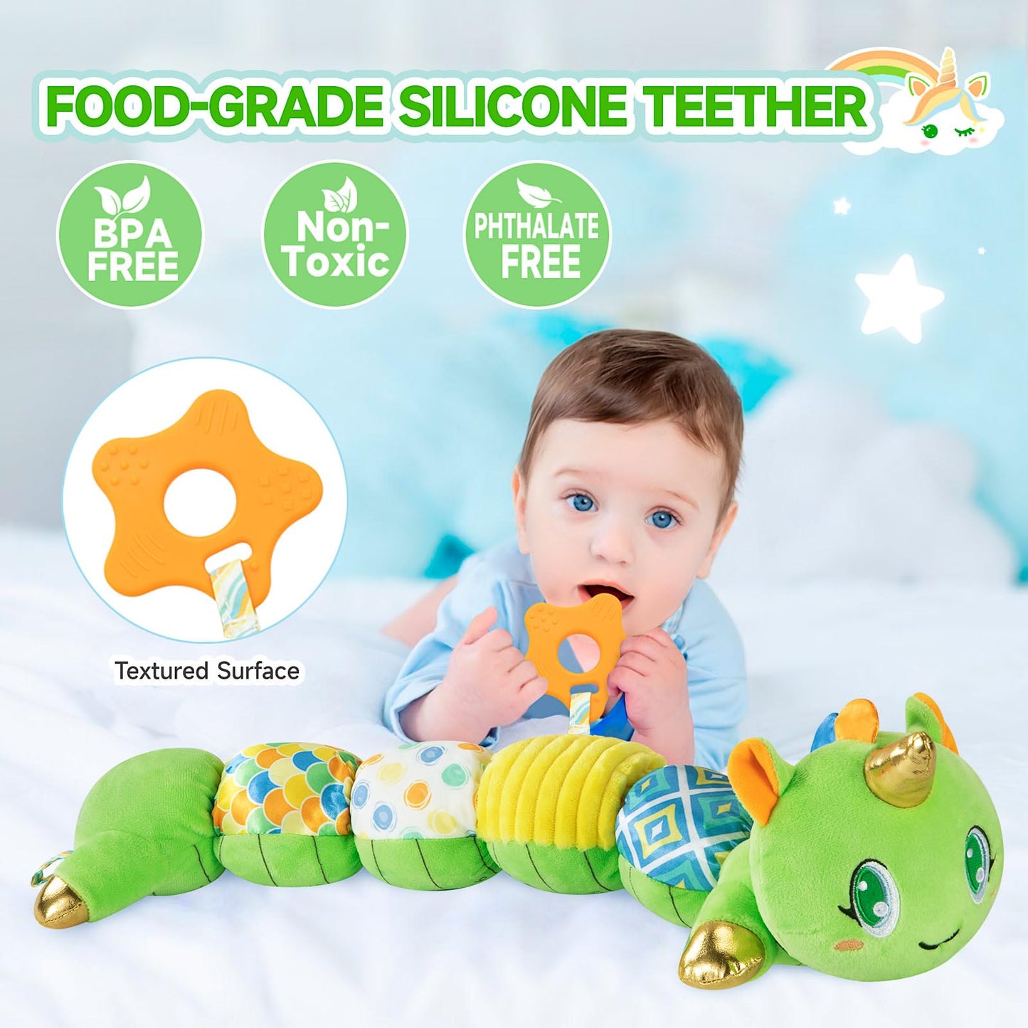 Unicorn Baby Toys 6-12 Months, Musical Infant Toys with Sensory Crinkle & Rattle for Tummy Time Newborn, Baby Boy Toys for 0 1 2 3 4 5 6 7 8 9 10 11 12 Months Old Baby Must Have Christmas Gift - Green