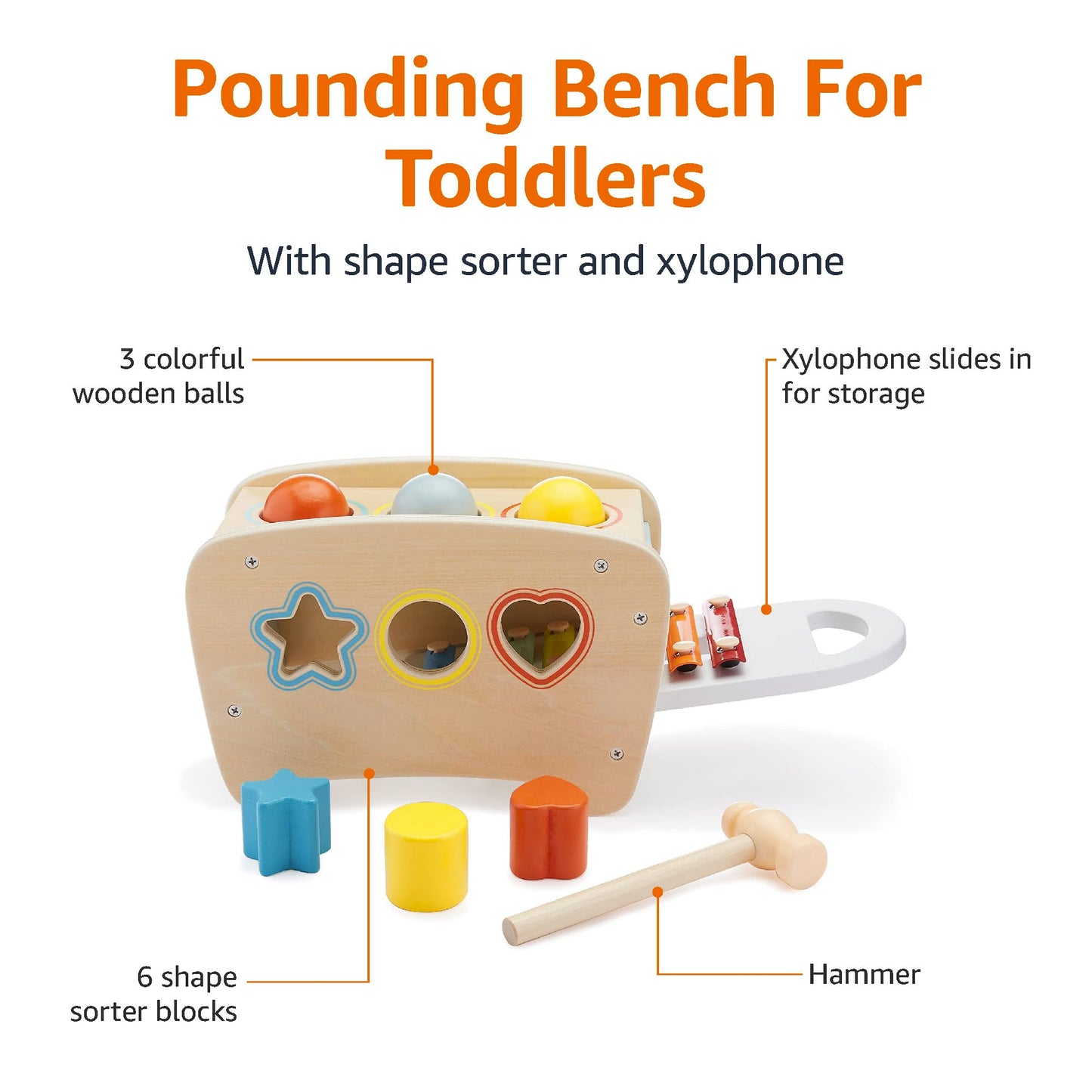 Amazon Basics Banco musical con xilófono y clasificador de formas, regalo para ne 18 meses. niño niña bebé, 11.6 x 5.2 x 6.3 pulgadas, multicolor