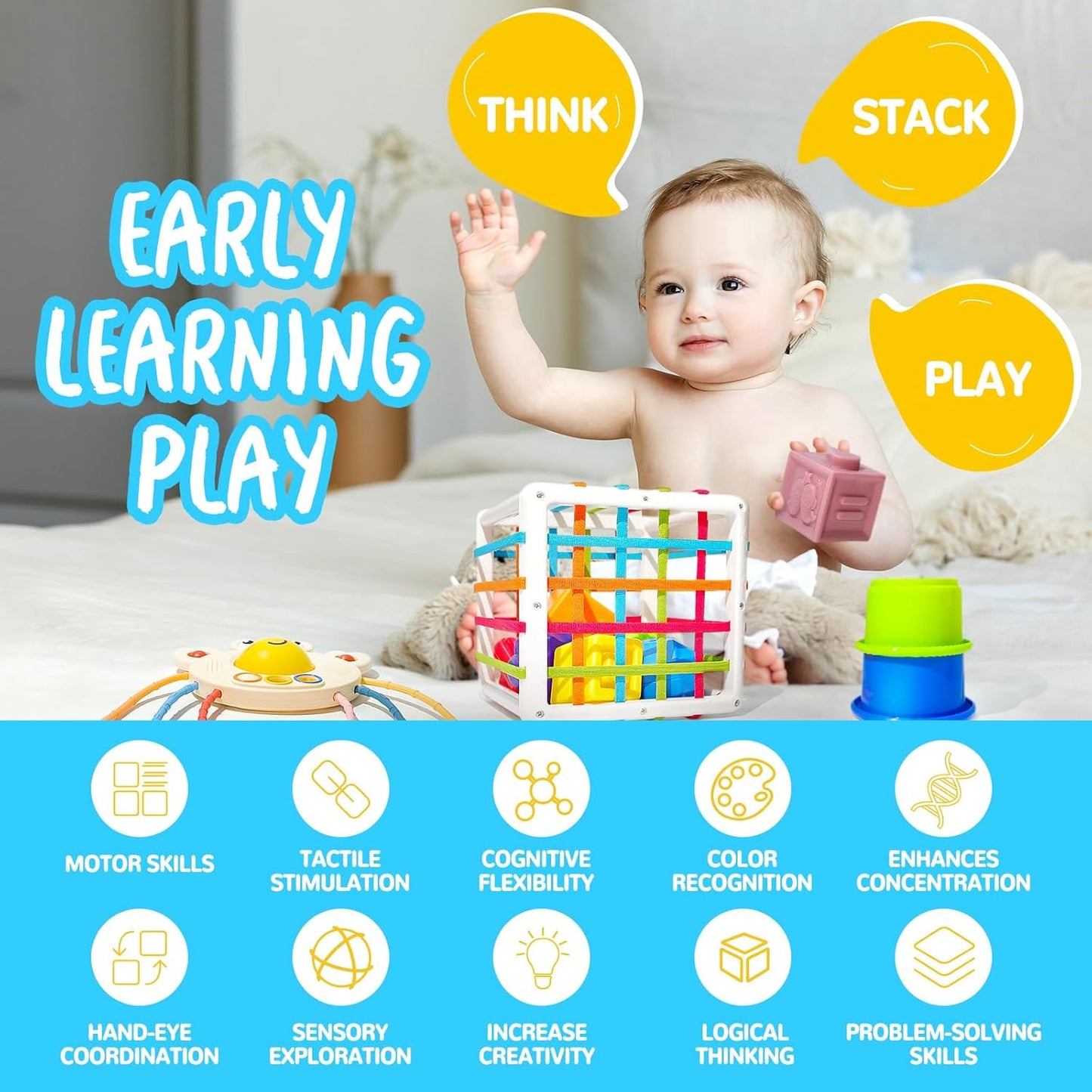 Juguetes Montessori para bebés de 0-3-6-12 meses, juguetes 6 en 1 para bebés de 4, 5, 6, 7, 8, 9 meses, juguetes apilables de bloques para bebés, juguetes de aprendizaje para desarrollo sensorial,