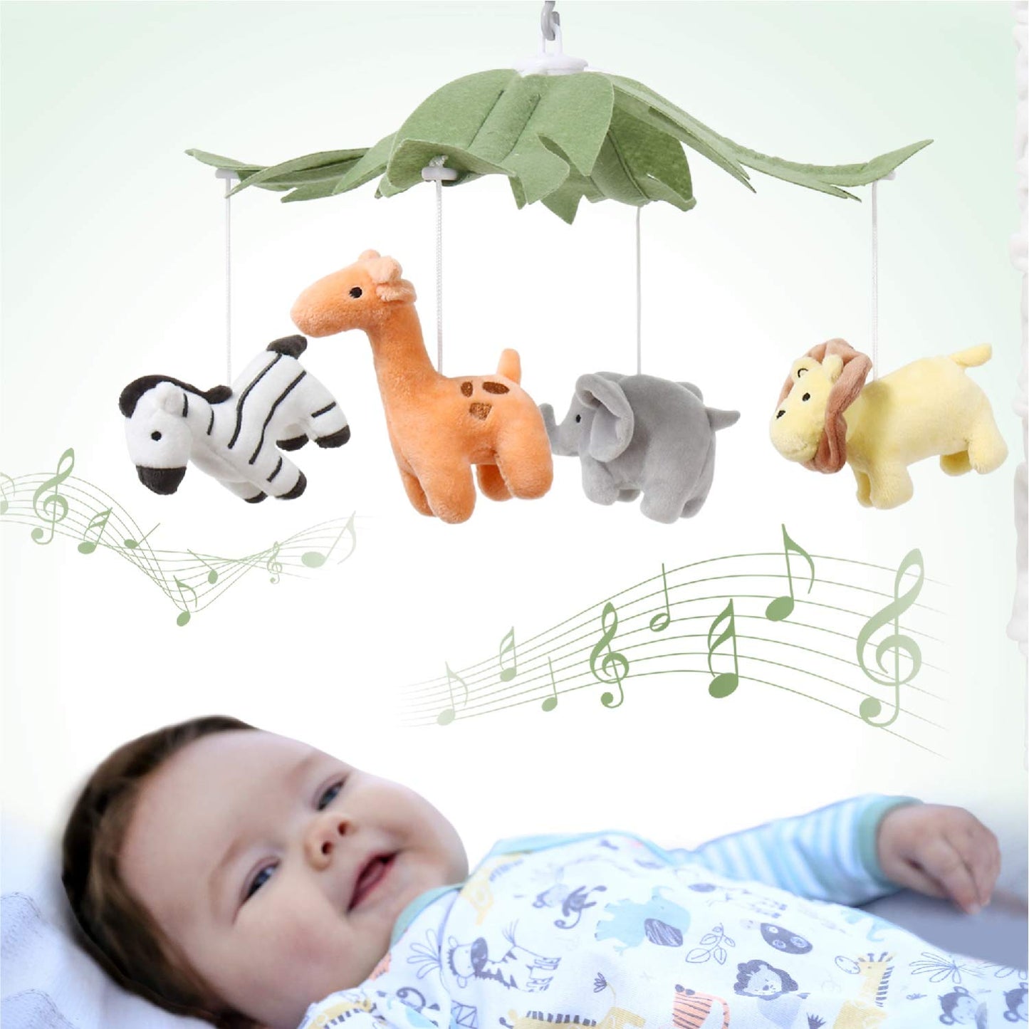 The Peanutshell Móvil de cuna para niños o niñas – Cuna móvil musical blanca con 12 canciones de cuna, animales de la selva, cuna móvil para bebé, decoración de animales de safari