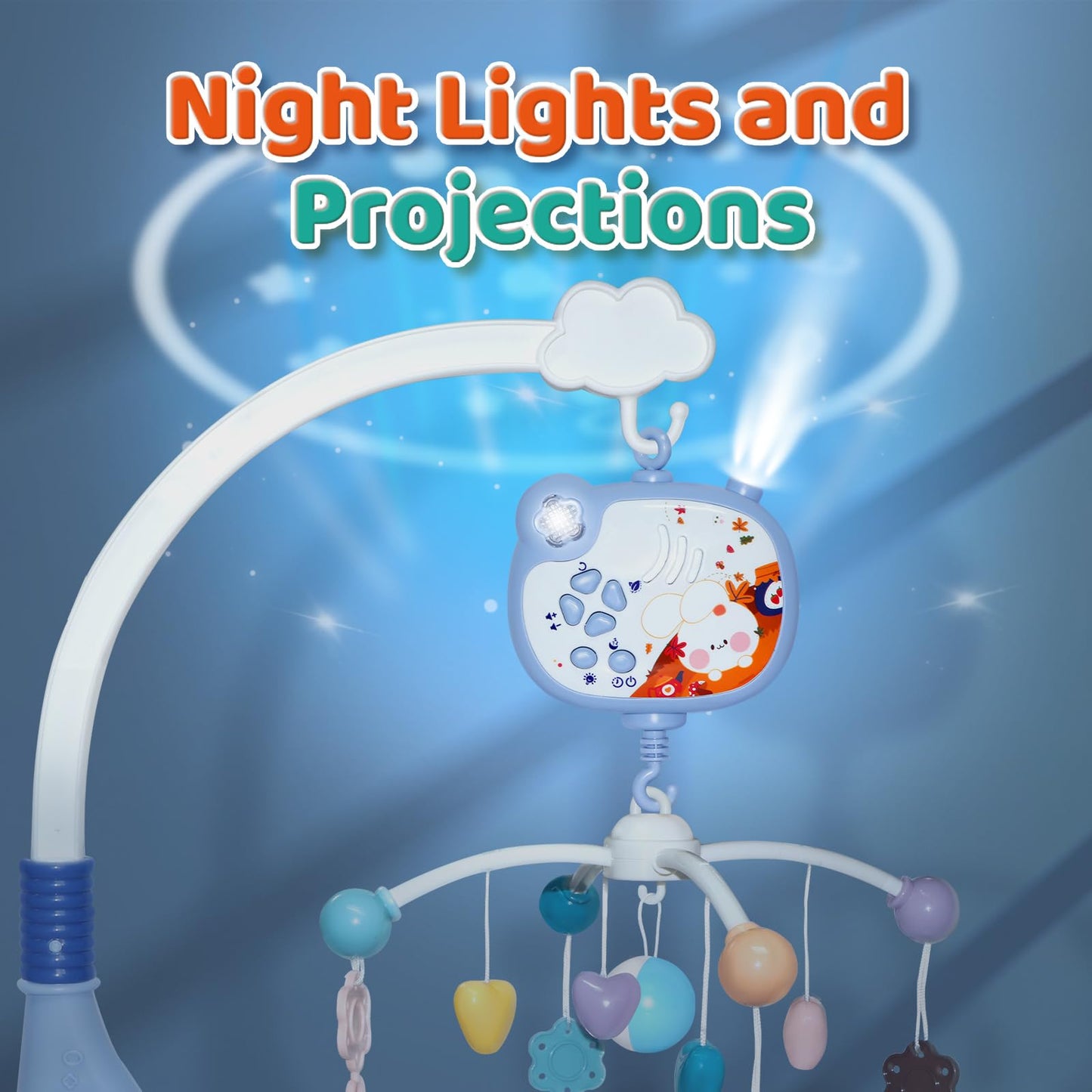 Móvil para cuna de bebé con música y luces nocturnas, móvil para cuna con rotación, control remoto, proyección, juguetes de cuna para recién nacidos, niños y niñas (azul)