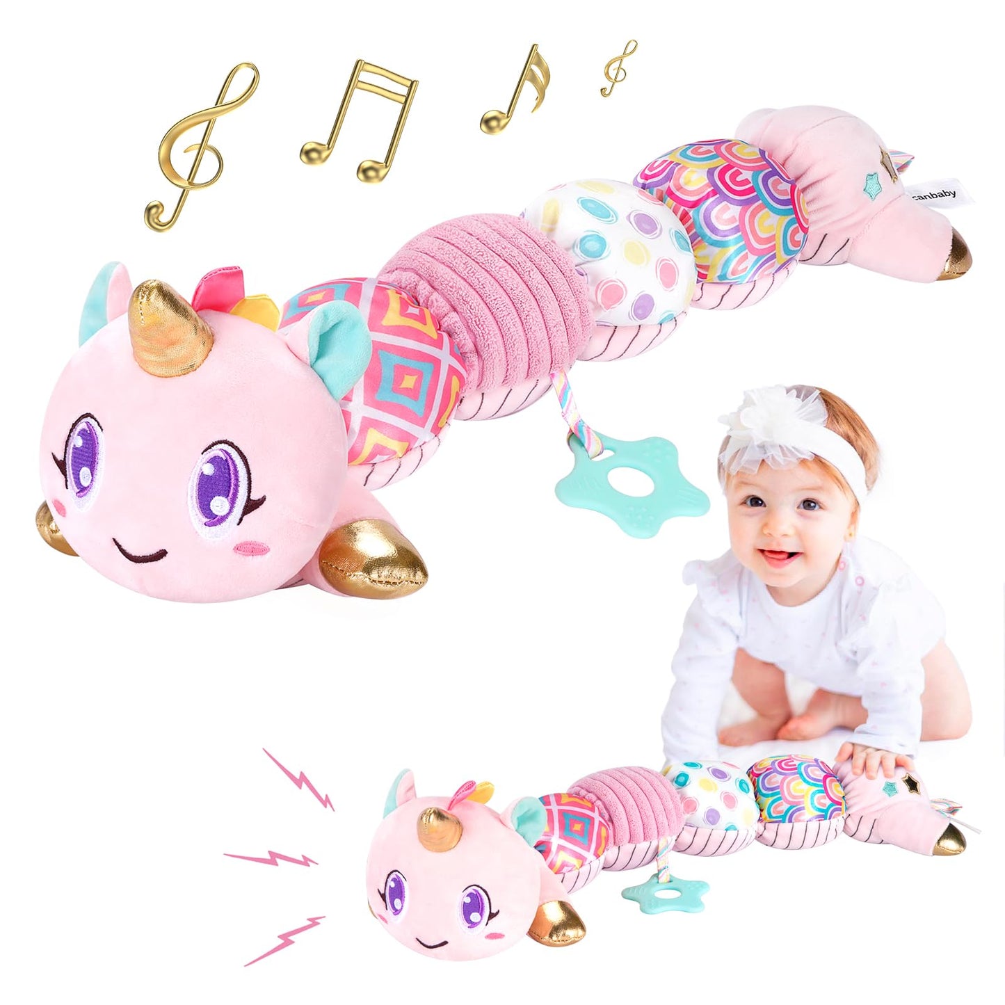 Unicorn Baby Toys 6-12 Months, Musical Infant Toys with Sensory Crinkle & Rattle for Tummy Time Newborn, Baby Boy Toys for 0 1 2 3 4 5 6 7 8 9 10 11 12 Months Old Baby Must Have Christmas Gift - Green