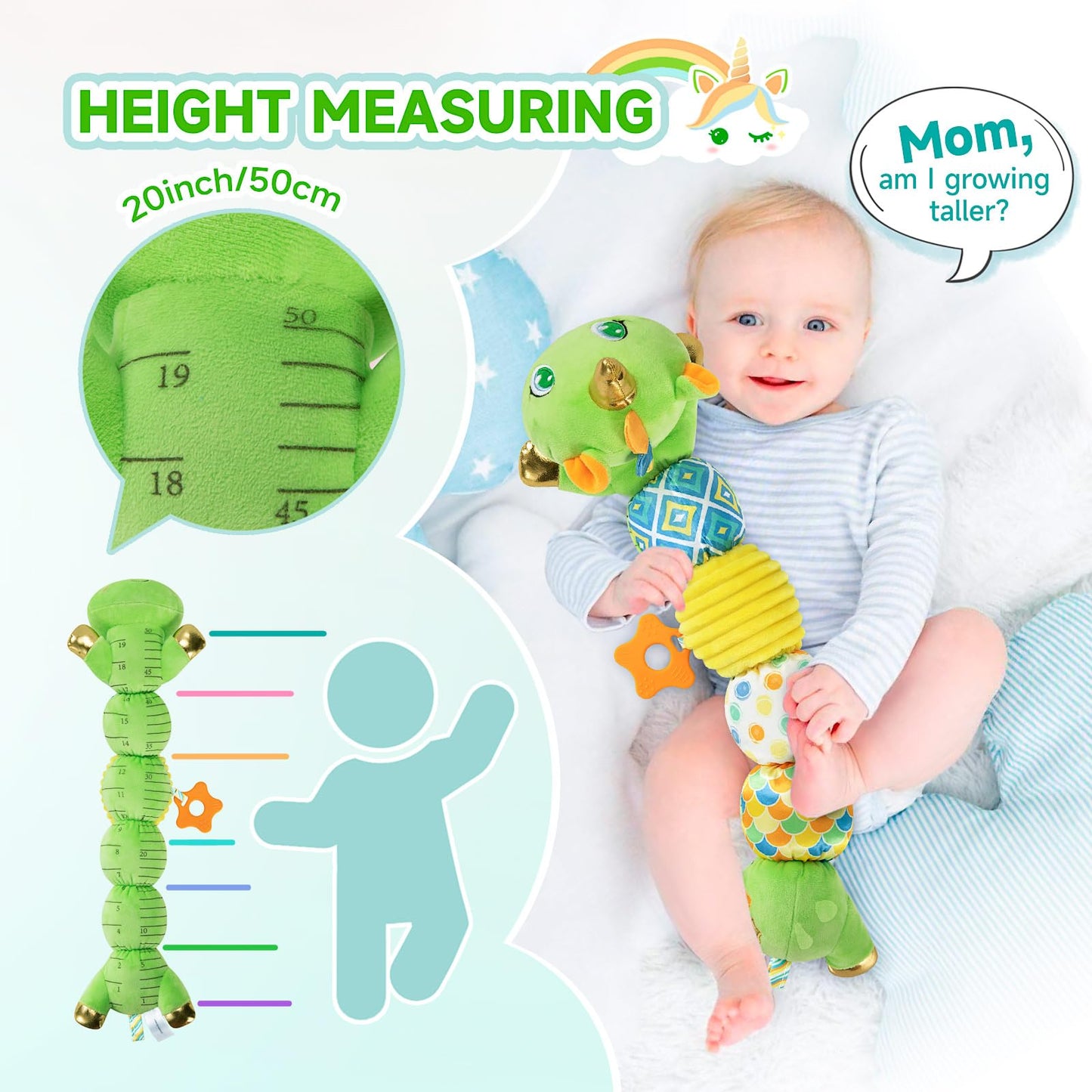 Unicorn Baby Toys 6-12 Months, Musical Infant Toys with Sensory Crinkle & Rattle for Tummy Time Newborn, Baby Boy Toys for 0 1 2 3 4 5 6 7 8 9 10 11 12 Months Old Baby Must Have Christmas Gift - Green