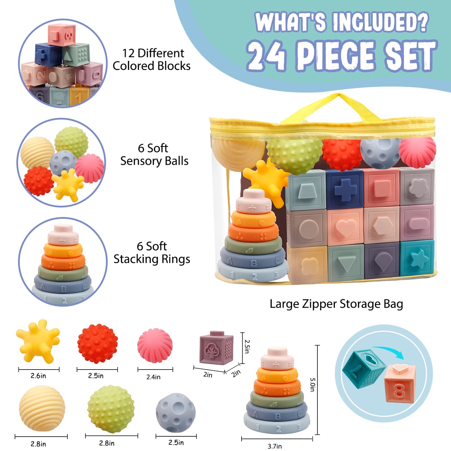 Juguetes 4 en 1 para bebés de 6 a 12 meses, bloques apilables suaves Montessori para bebés, juguetes de dentición, bolas sensoriales y juego de aprendizaje educativo para niños pequeños (niños 