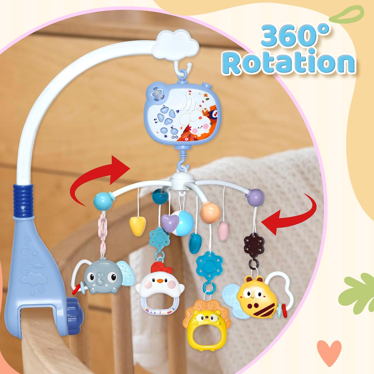 Móvil para cuna de bebé con música y luces nocturnas, móvil para cuna con rotación, control remoto, proyección, juguetes de cuna para recién nacidos, niños y niñas (azul)