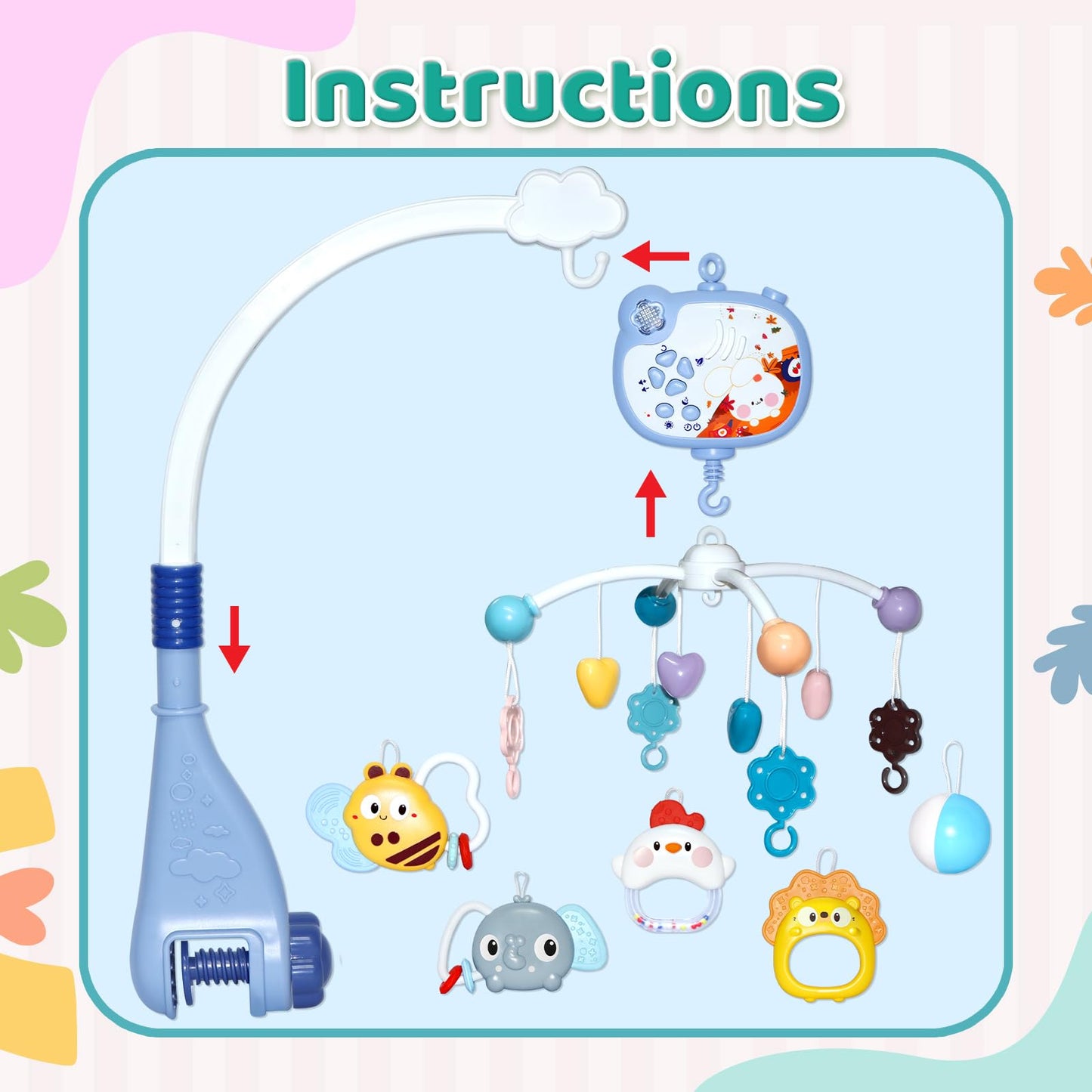 Móvil para cuna de bebé con música y luces nocturnas, móvil para cuna con rotación, control remoto, proyección, juguetes de cuna para recién nacidos, niños y niñas (azul)
