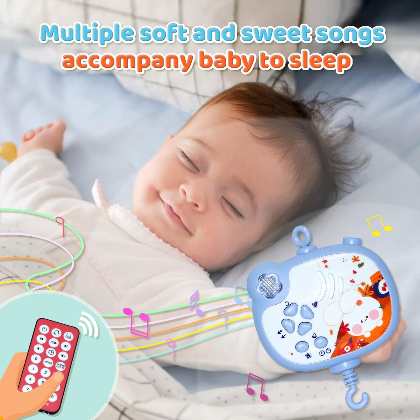 Móvil para cuna de bebé con música y luces nocturnas, móvil para cuna con rotación, control remoto, proyección, juguetes de cuna para recién nacidos, niños y niñas (azul)