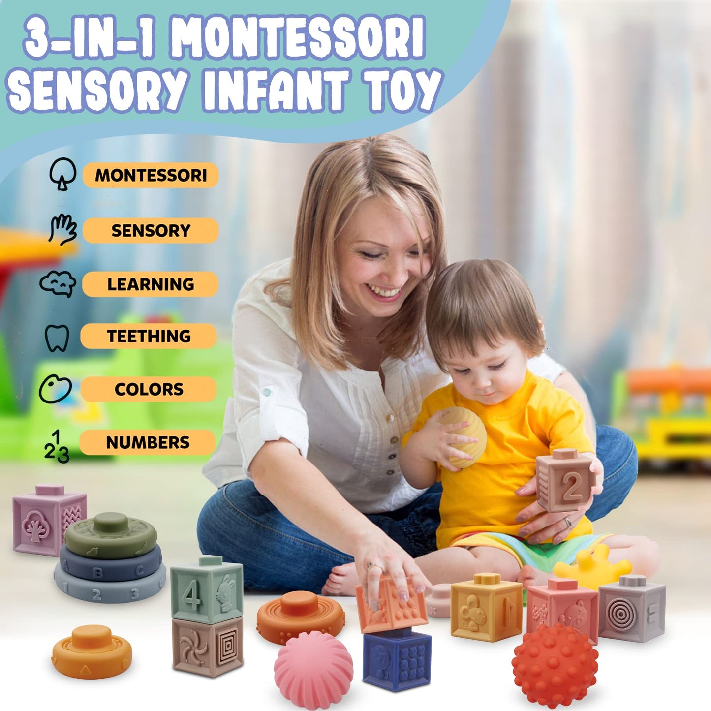 Juguetes 4 en 1 para bebés de 6 a 12 meses, bloques apilables suaves Montessori para bebés, juguetes de dentición, bolas sensoriales y juego de aprendizaje educativo para niños pequeños (niños 