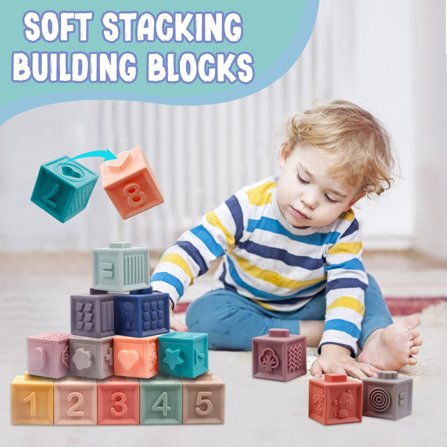 Juguetes 4 en 1 para bebés de 6 a 12 meses, bloques apilables suaves Montessori para bebés, juguetes de dentición, bolas sensoriales y juego de aprendizaje educativo para niños pequeños (niños 