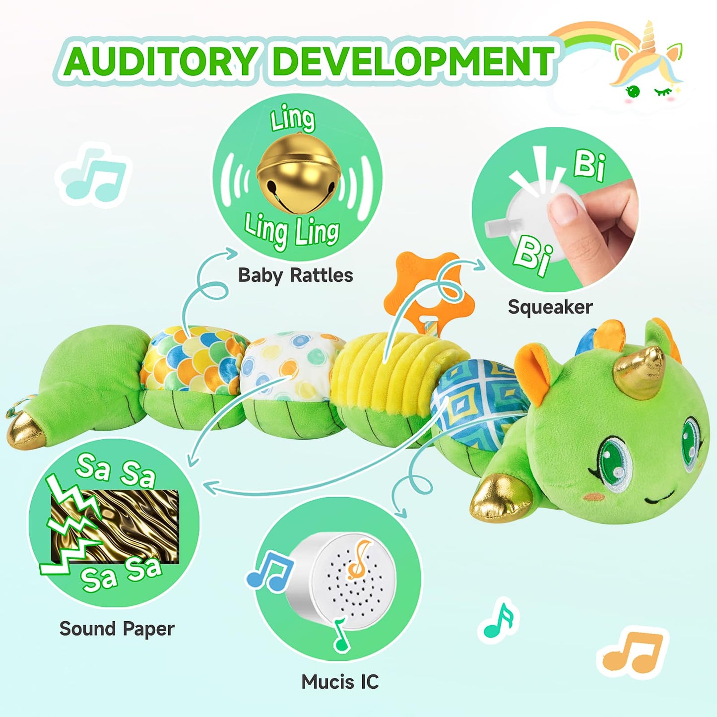 Unicorn Baby Toys 6-12 Months, Musical Infant Toys with Sensory Crinkle & Rattle for Tummy Time Newborn, Baby Boy Toys for 0 1 2 3 4 5 6 7 8 9 10 11 12 Months Old Baby Must Have Christmas Gift - Green