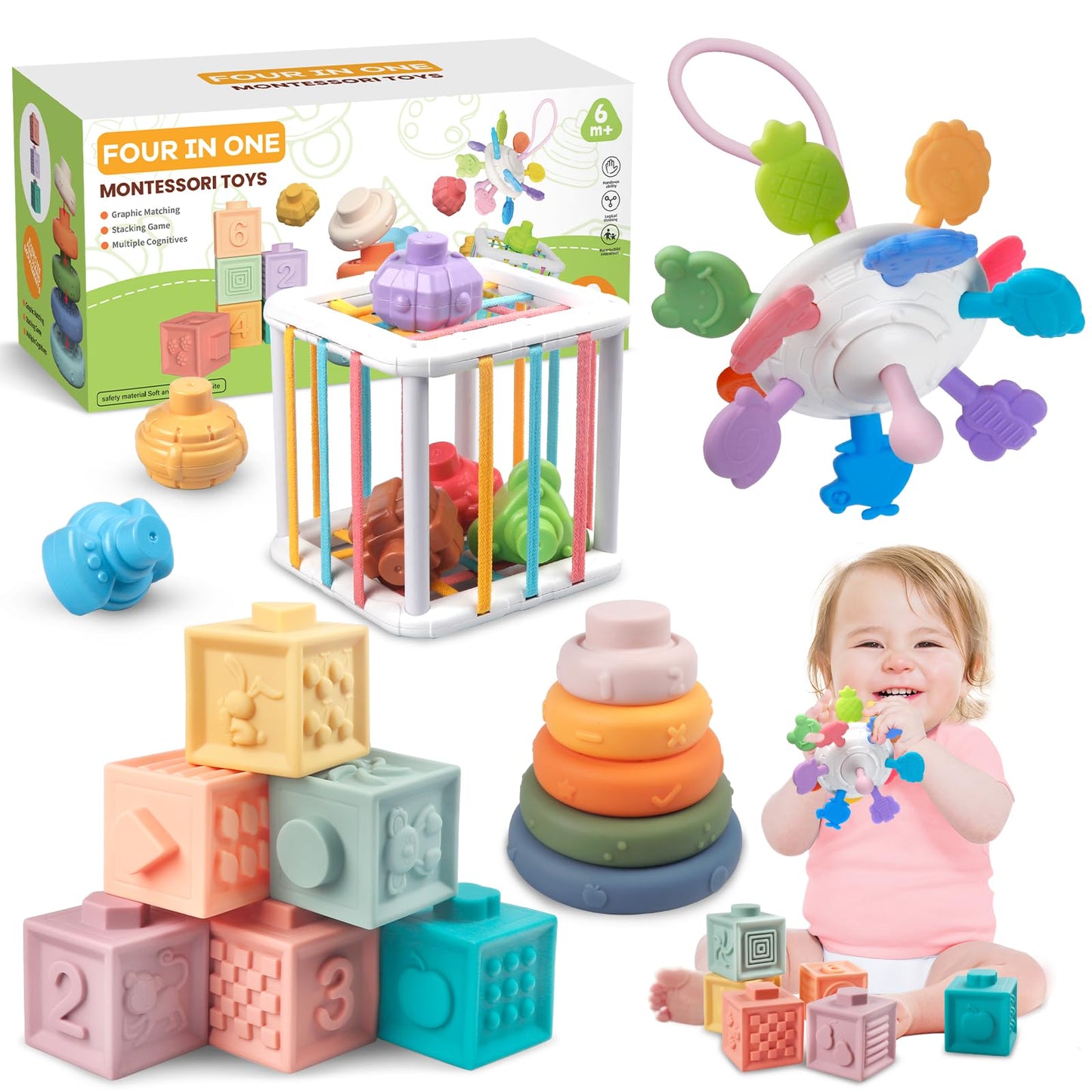 Juguetes 4 en 1 para bebés de 6 a 12 meses, bloques apilables suaves Montessori para bebés, juguetes de dentición, bolas sensoriales y juego de aprendizaje educativo para niños pequeños (niños 