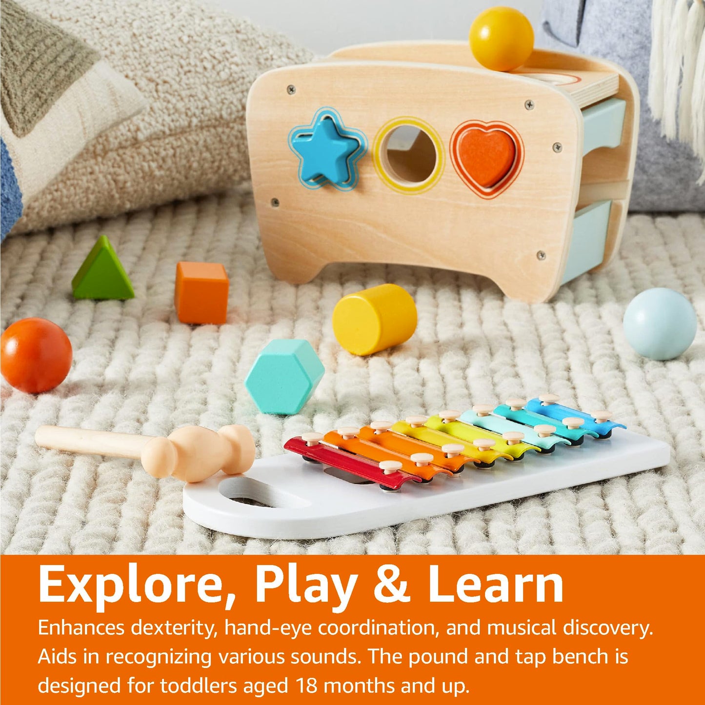 Amazon Basics Banco musical con xilófono y clasificador de formas, regalo para ne 18 meses. niño niña bebé, 11.6 x 5.2 x 6.3 pulgadas, multicolor