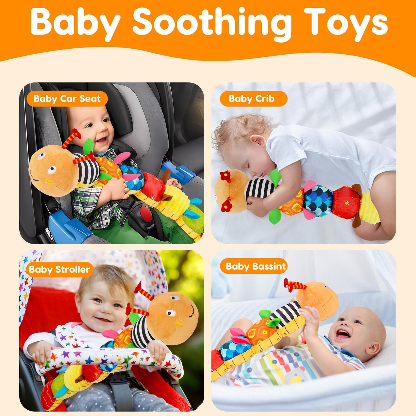 Juguete sensorial para bebé de 0 a 6 meses, animal musical de peluche, oruga, juguete de peluche para bebés de 0 a 3 a 6 meses, tiempo boca abajo con espejo de bebé, sonajero arrugado para 6 a 12