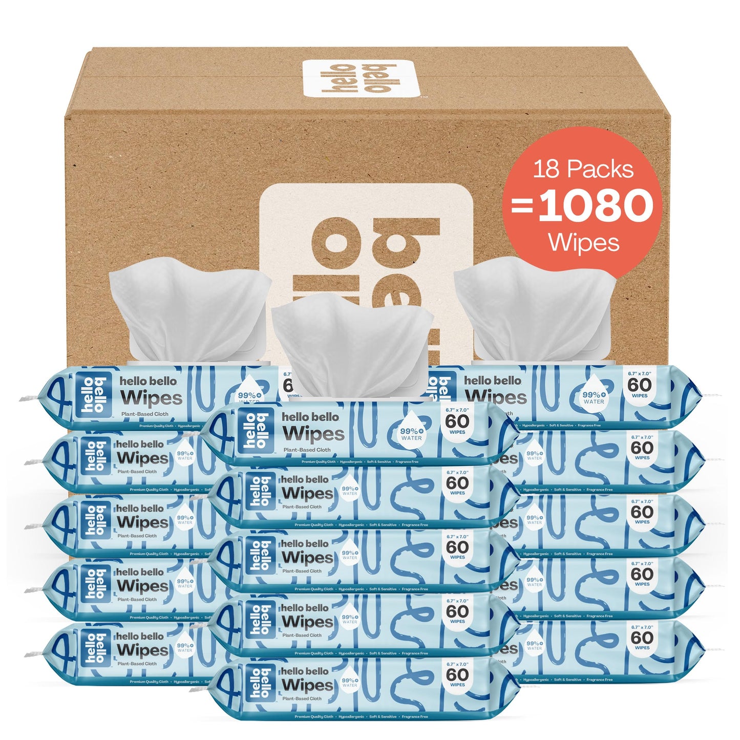 Hello Bello Extra Gentle Unscented Baby Wipes -  Plant Based - Made with 99% Water and Aloe for Babies and Kids - 60 Count (Pack of 9) Total 540 Count
