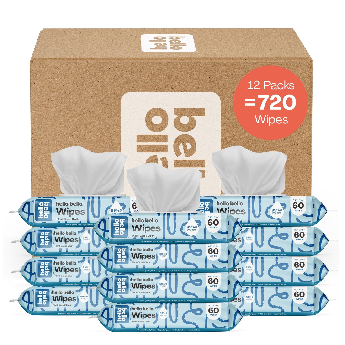 Hello Bello Extra Gentle Unscented Baby Wipes -  Plant Based - Made with 99% Water and Aloe for Babies and Kids - 60 Count (Pack of 9) Total 540 Count